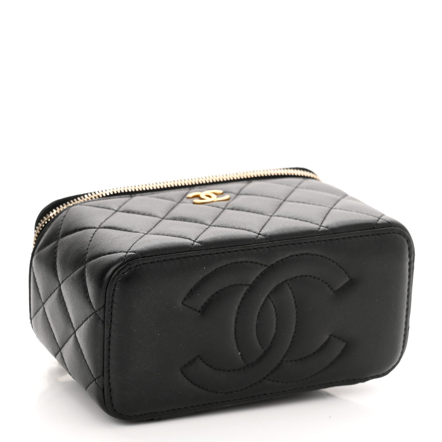 Lambskin Quilted Metal Small Top Handle Vanity Case With Chain Black