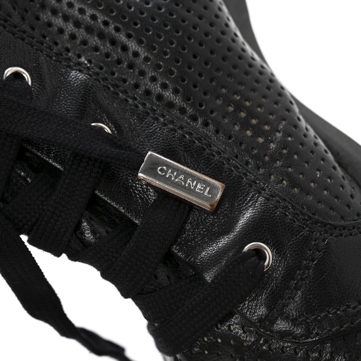 Perforated Lambskin High Top CC Sneaker Boots 36.5 Black