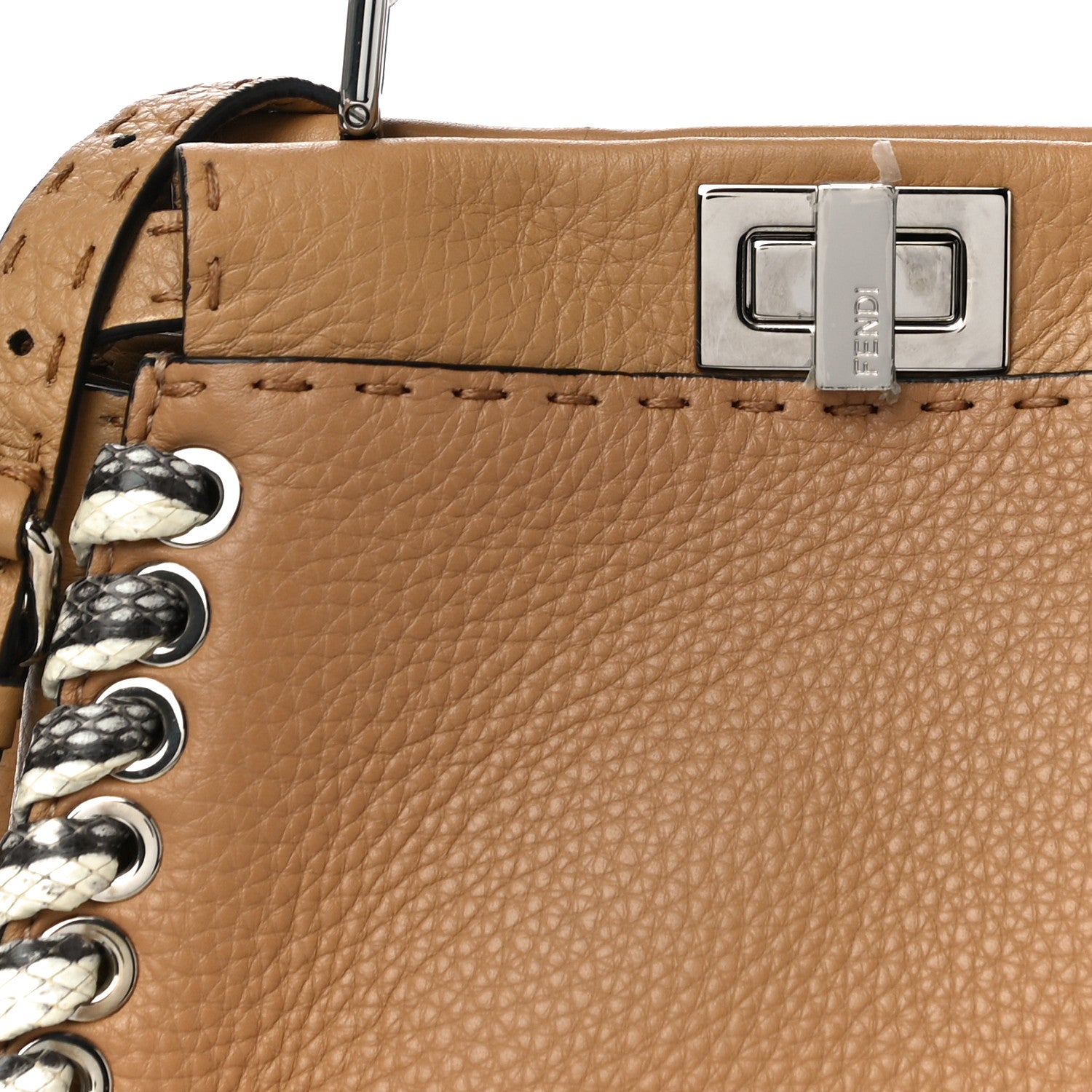 Fendi Cuoio Romano Selleria Elaphe Lace Up Mini Peekaboo Iconic Satchel Miele Scuro Natural 8 of 10