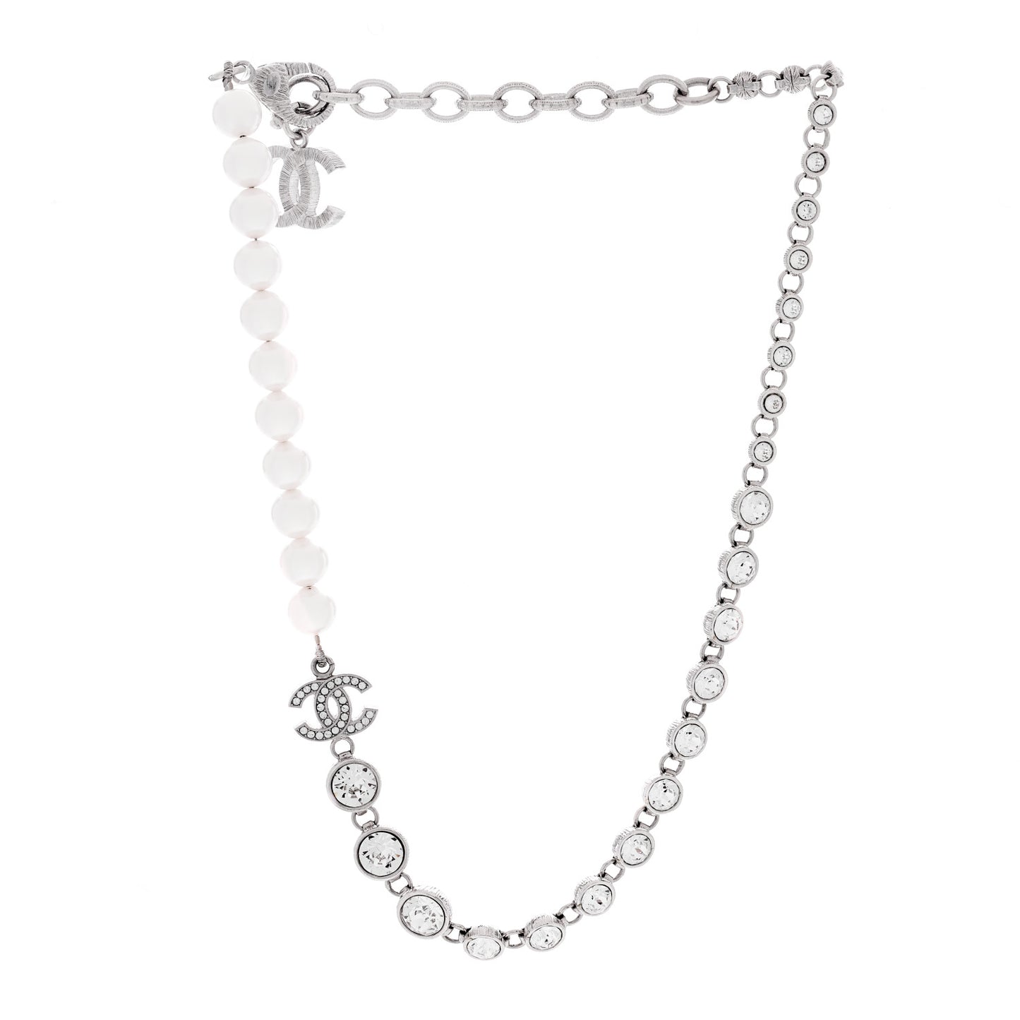 Pearl Crystal CC Choker Necklace Silver