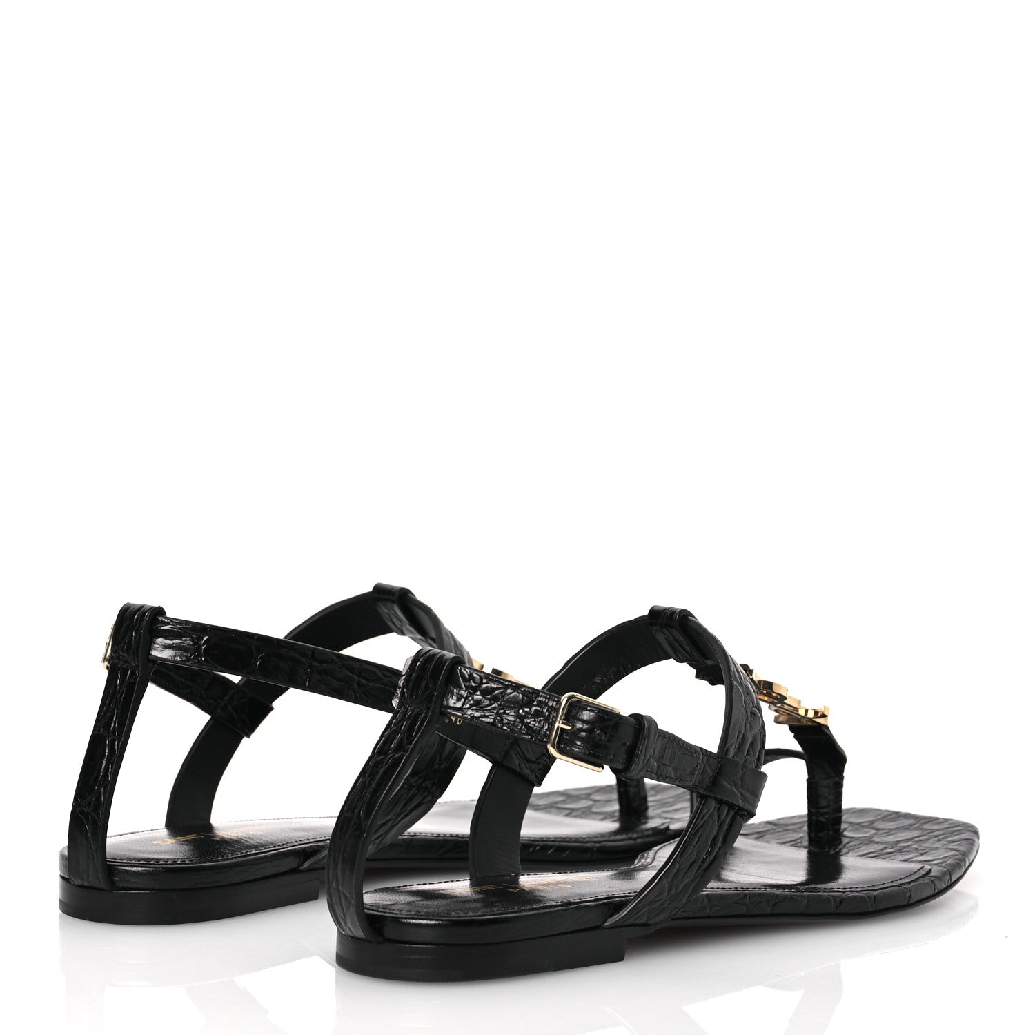 Saint Laurent Calfskin Crocodile Embossed Cassandra Monogram Sandals 40 Black 5 of 12
