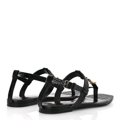 Saint Laurent Calfskin Crocodile Embossed Cassandra Monogram Sandals 40 Black 5 of 12