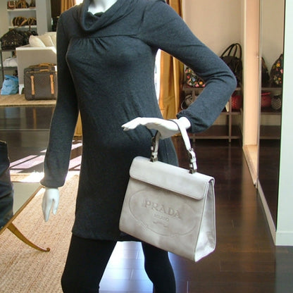Prada Leather Framed Jacquard Logo Handbag Gray 2 of 11