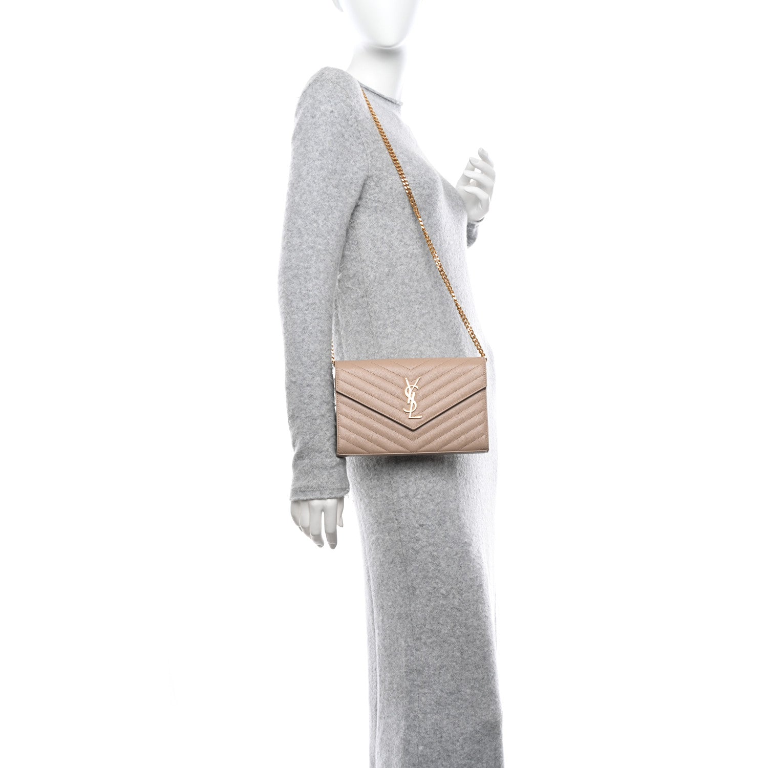 Saint Laurent Grain De Poudre Matelasse Chevron Monogram Chain Wallet Nude Powder 2 of 12