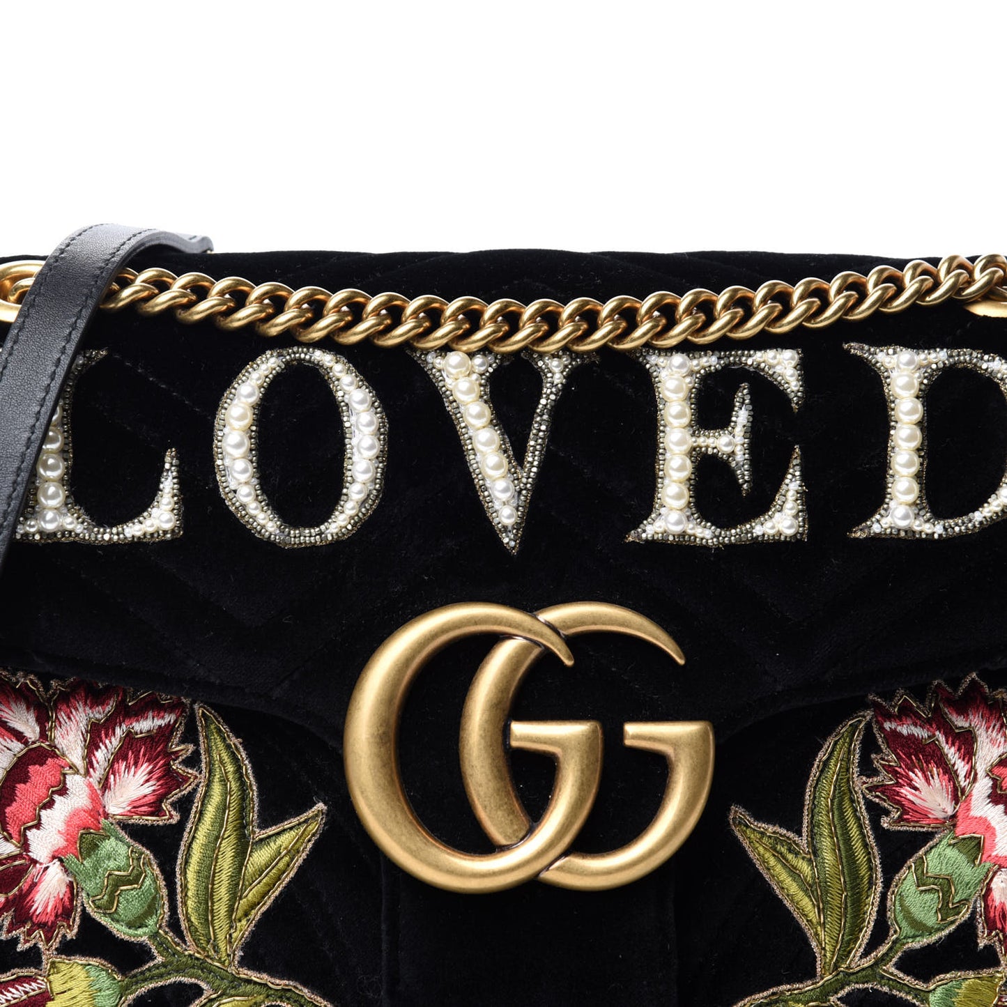 Velvet Matelasse Loved Embroidered Medium GG Marmont Shoulder Bag Black