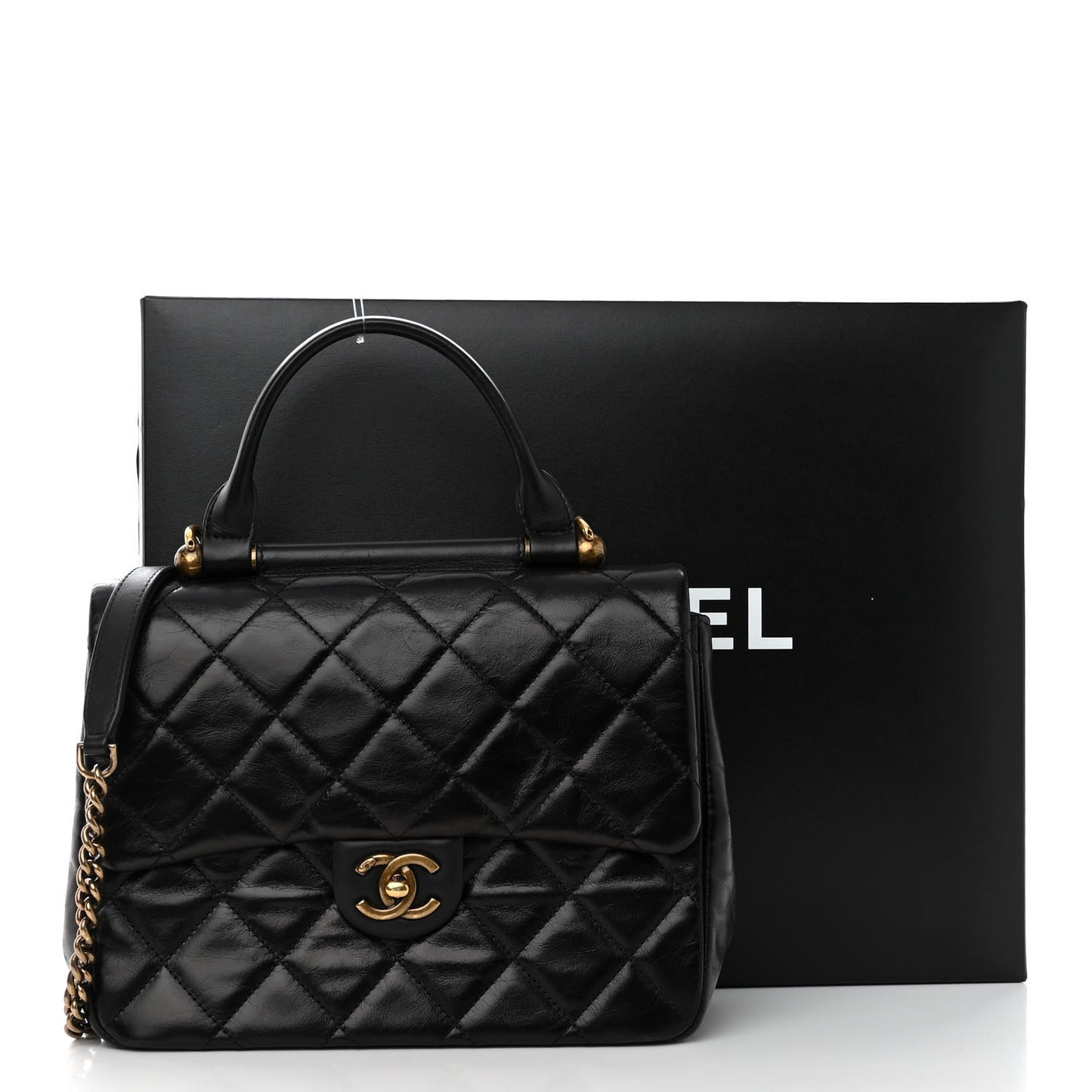 Glazed Calfskin Quilted Medium Gold Bar Top Handle Flap Black