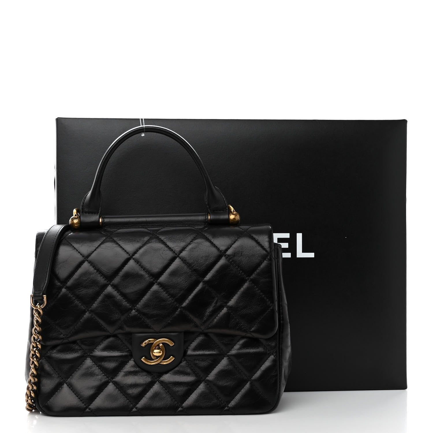 Chanel Glazed Calfskin Quilted Medium Gold Bar Top Handle Flap Black 12 of 12