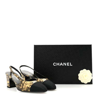 Chanel Laminated Lambskin Grosgrain Cap Toe CC Slingback Pumps 38 Gold Black 10 of 10