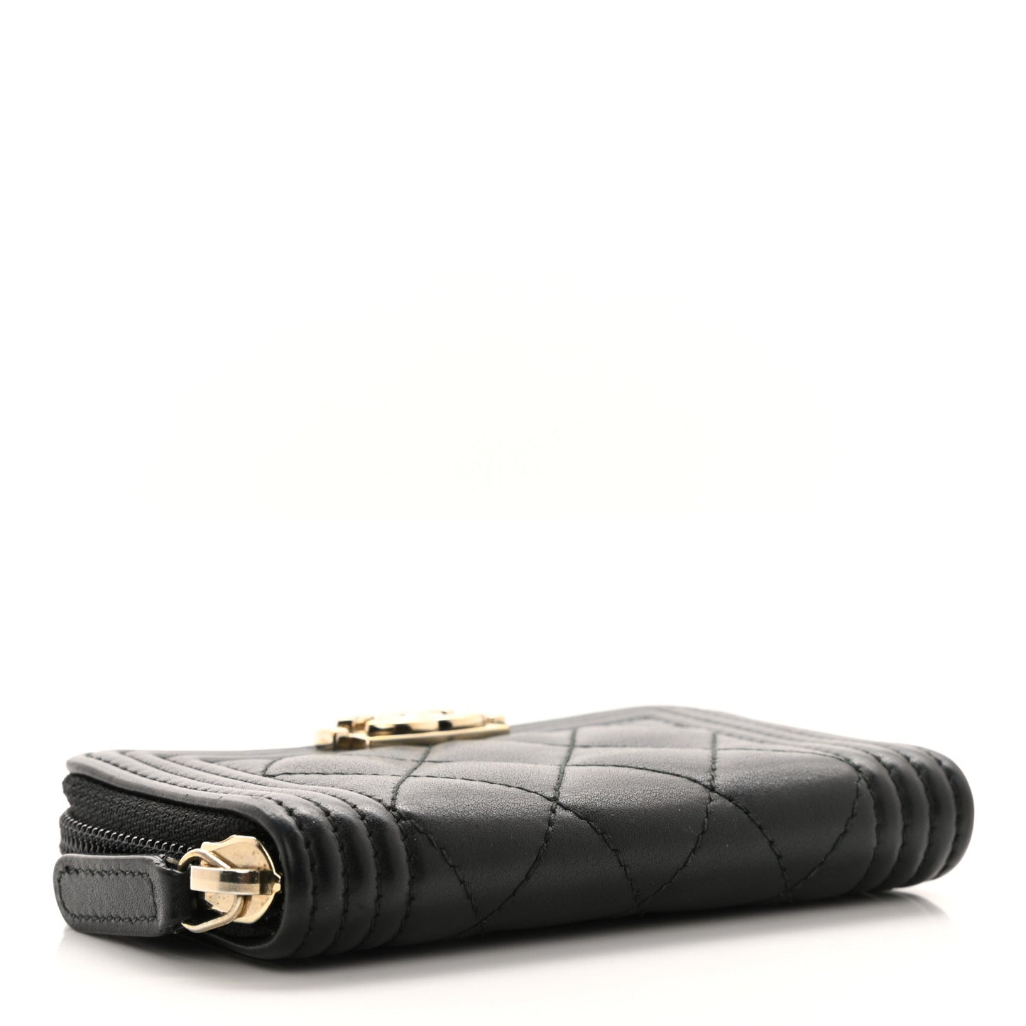 Lambskin Quilted Zip Around Boy Coin Purse Wallet Black
