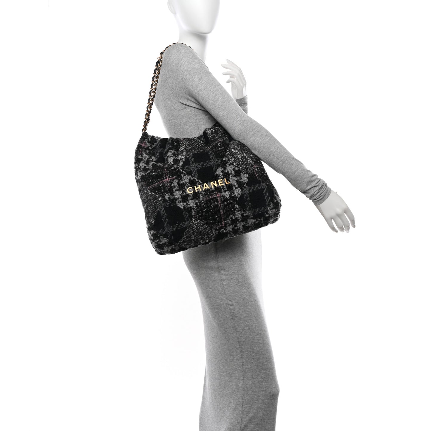 Tweed Patchwork Quilted Chanel 22 Black Grey Pink