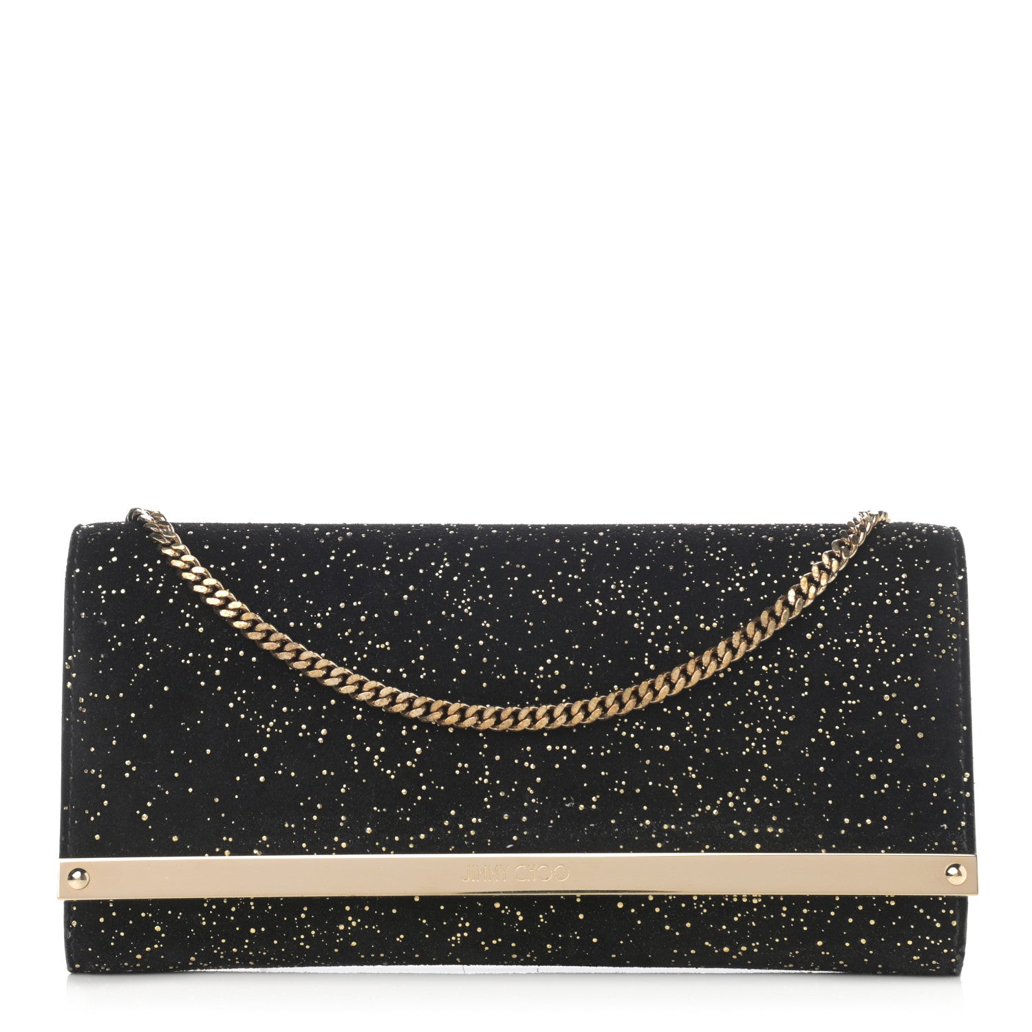 Jimmy Choo Suede Glitter Milla Wallet on Chain Black Gold 1 of 11