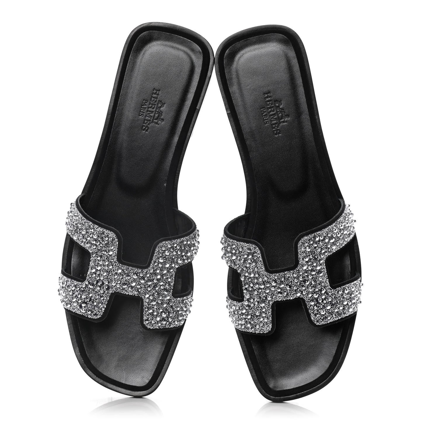 Velvet Goatskin Crystal Beads Oran Sandals 38 Gris Argente Black