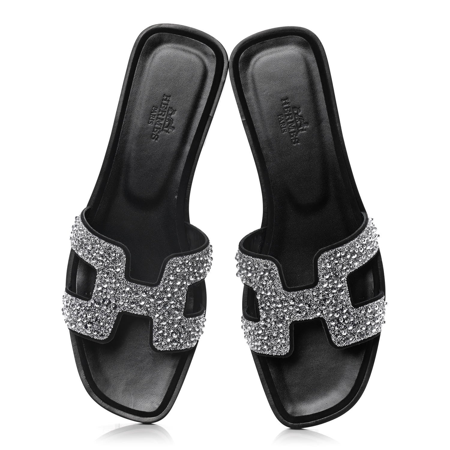 Hermes Velvet Goatskin Crystal Beads Oran Sandals 38 Gris Argente Black 5 of 12
