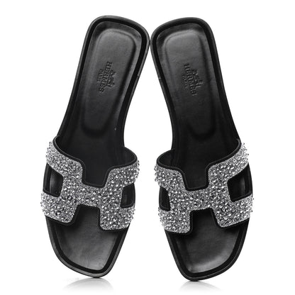 Hermes Velvet Goatskin Crystal Beads Oran Sandals 38 Gris Argente Black 5 of 12