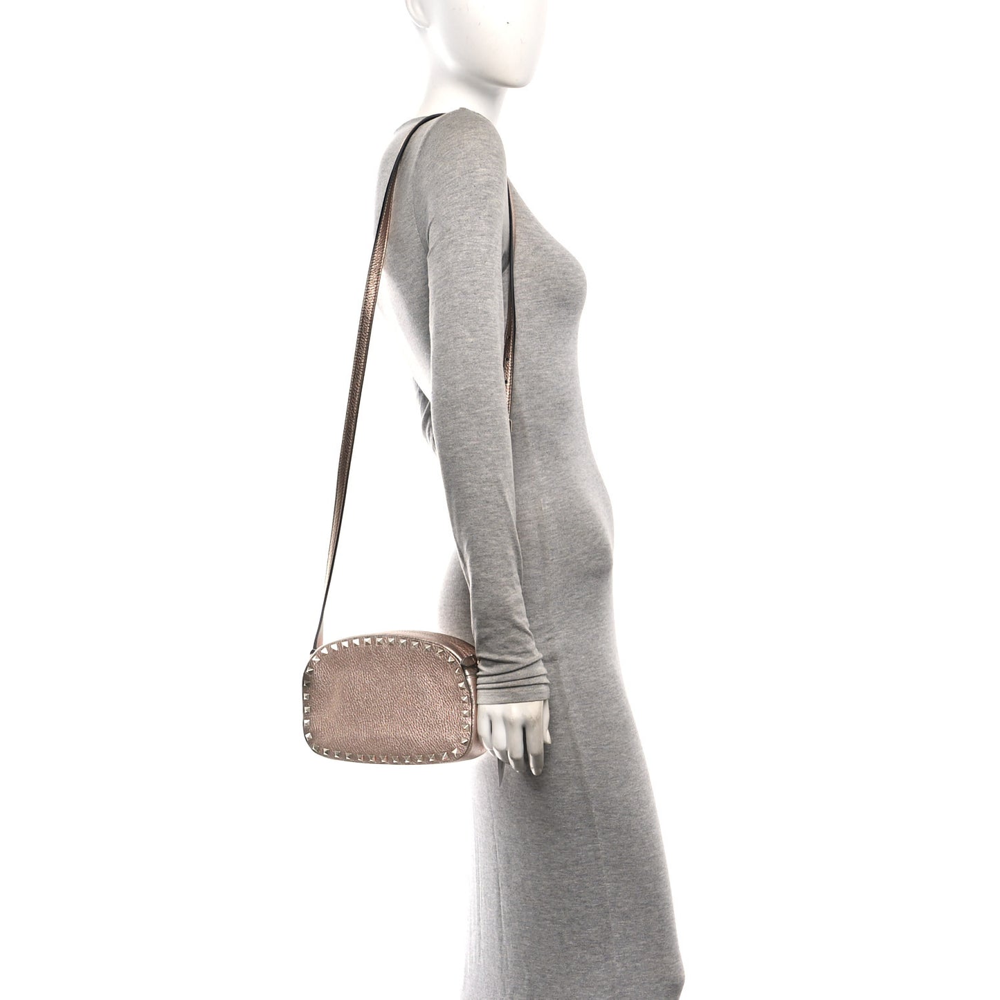 Metallic Pebbled Calfskin Rockstud Camera Crossbody Bag Rame