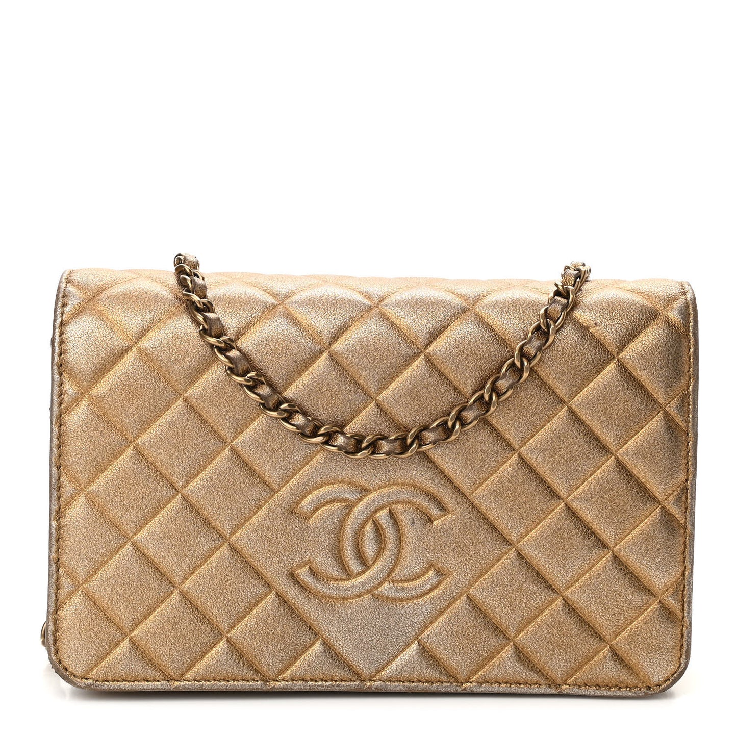 Metallic Lambskin Quilted Diamond CC Wallet On Chain WOC Bronze