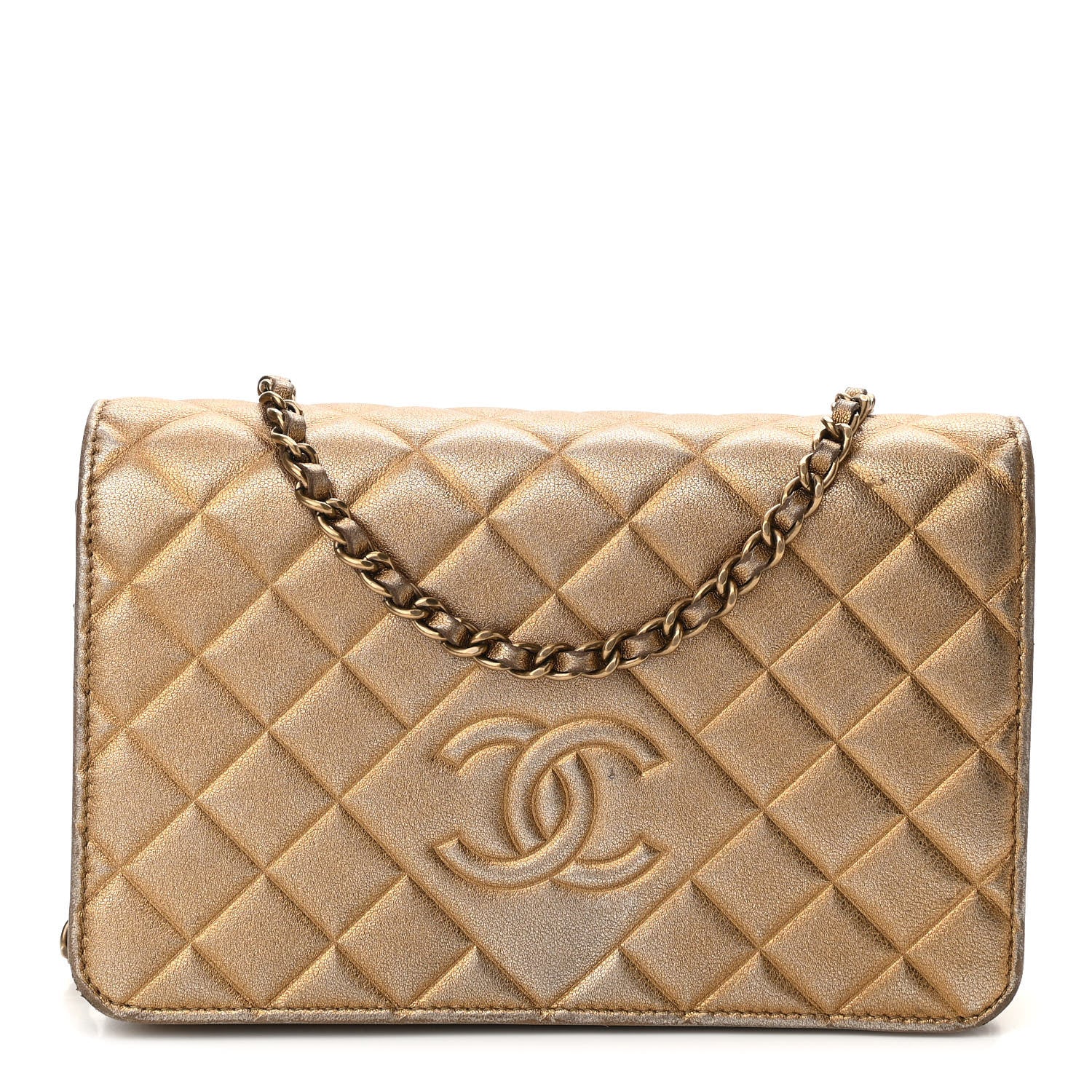Chanel Metallic Lambskin Quilted Diamond CC Wallet On Chain WOC Bronze 1 of 11