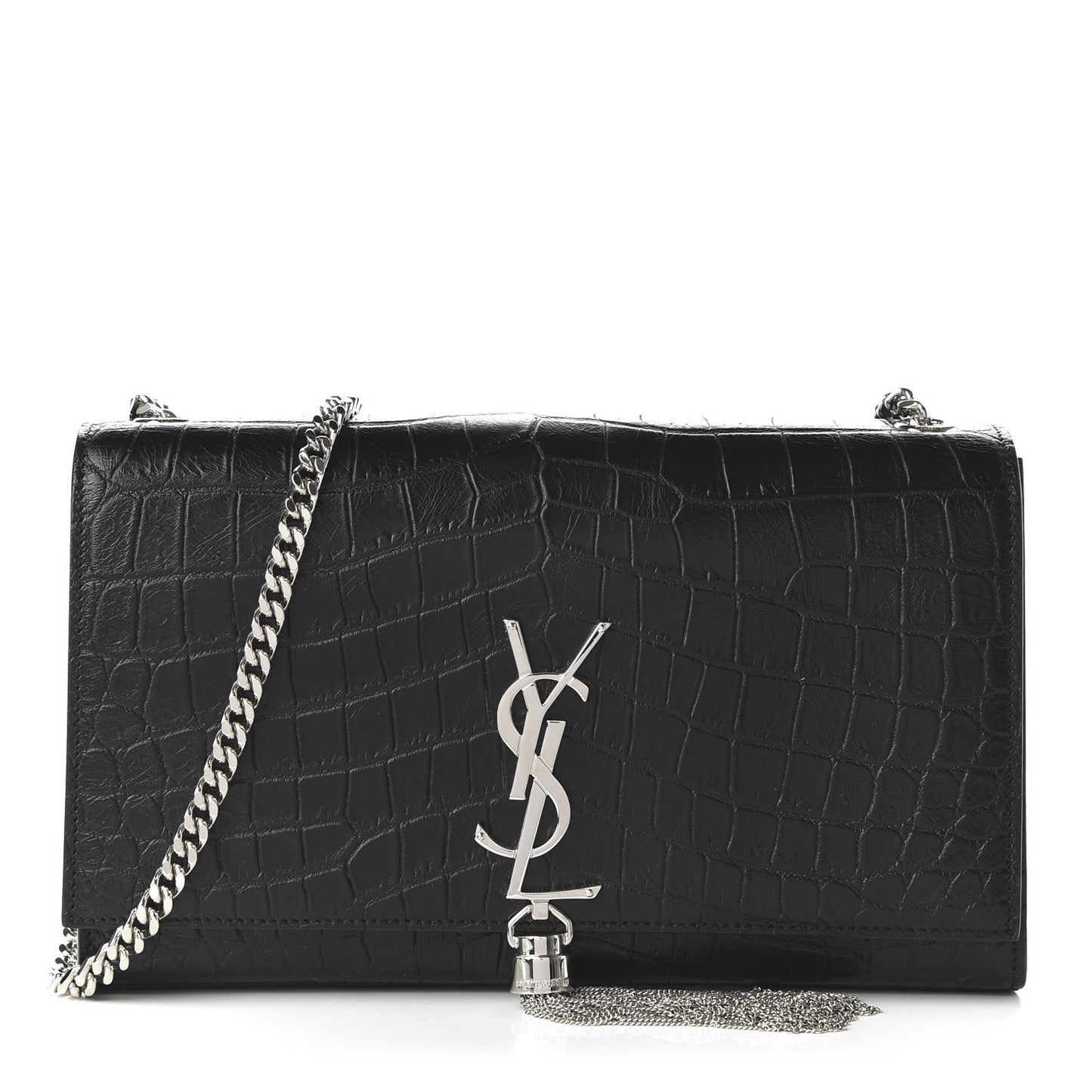 Calfskin Crocodile Embossed Medium Classic Monogram Kate Tassel Satchel Black