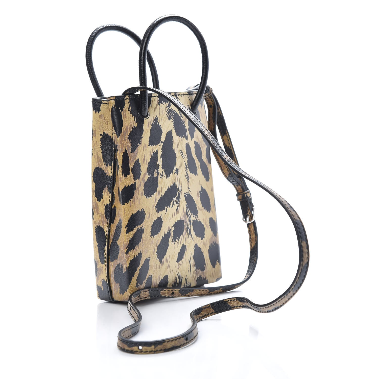 Balenciaga Smooth Calfskin Leopard Print Logo Shopping Phone Holder Bag Beige Black 3 of 10