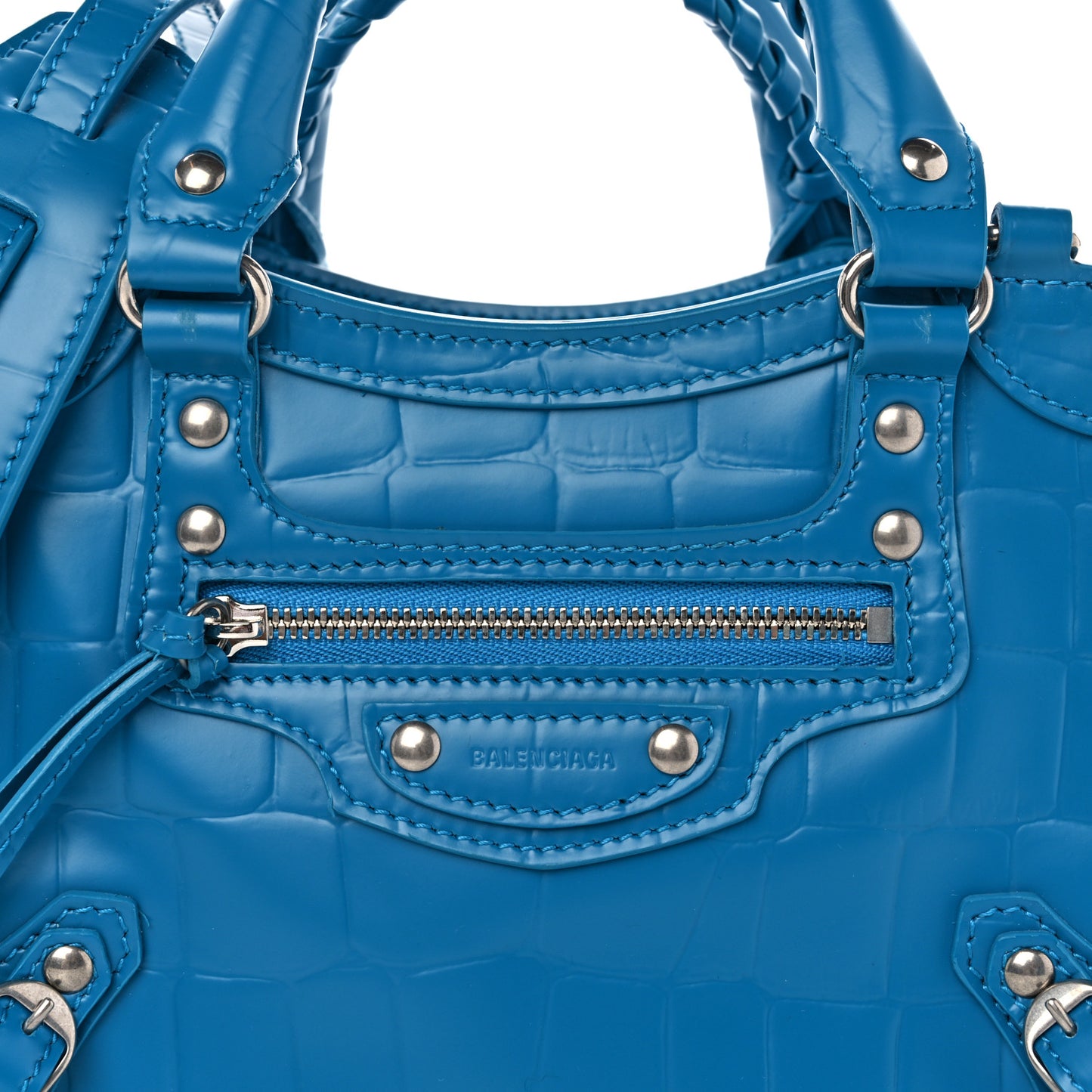 Semi Shiny Calfskin Crocodile Embossed Neo Classic Silver Hardware Mini City Turquoise