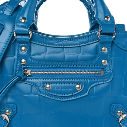 Balenciaga Semi Shiny Calfskin Crocodile Embossed Neo Classic Silver Hardware Mini City Turquoise 7 of 9