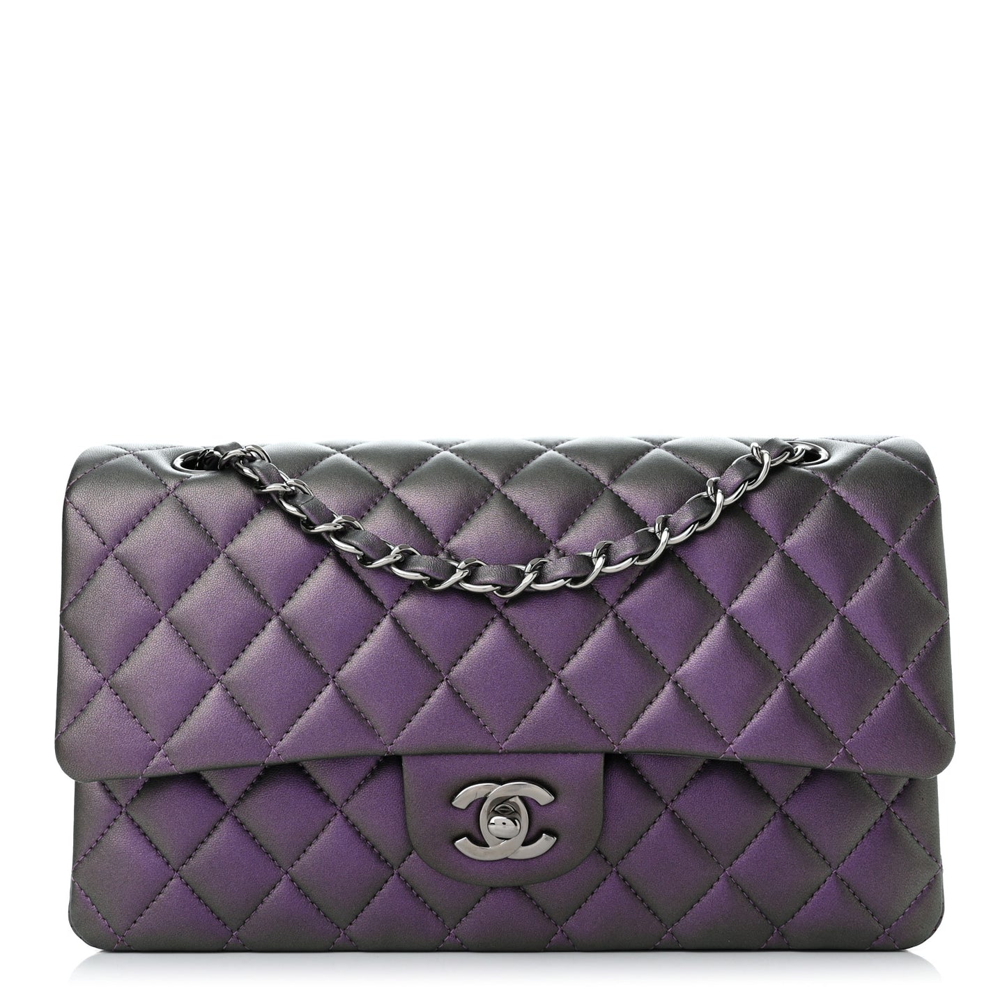 Iridescent Lambskin Quilted Medium Double Flap Dark Purple