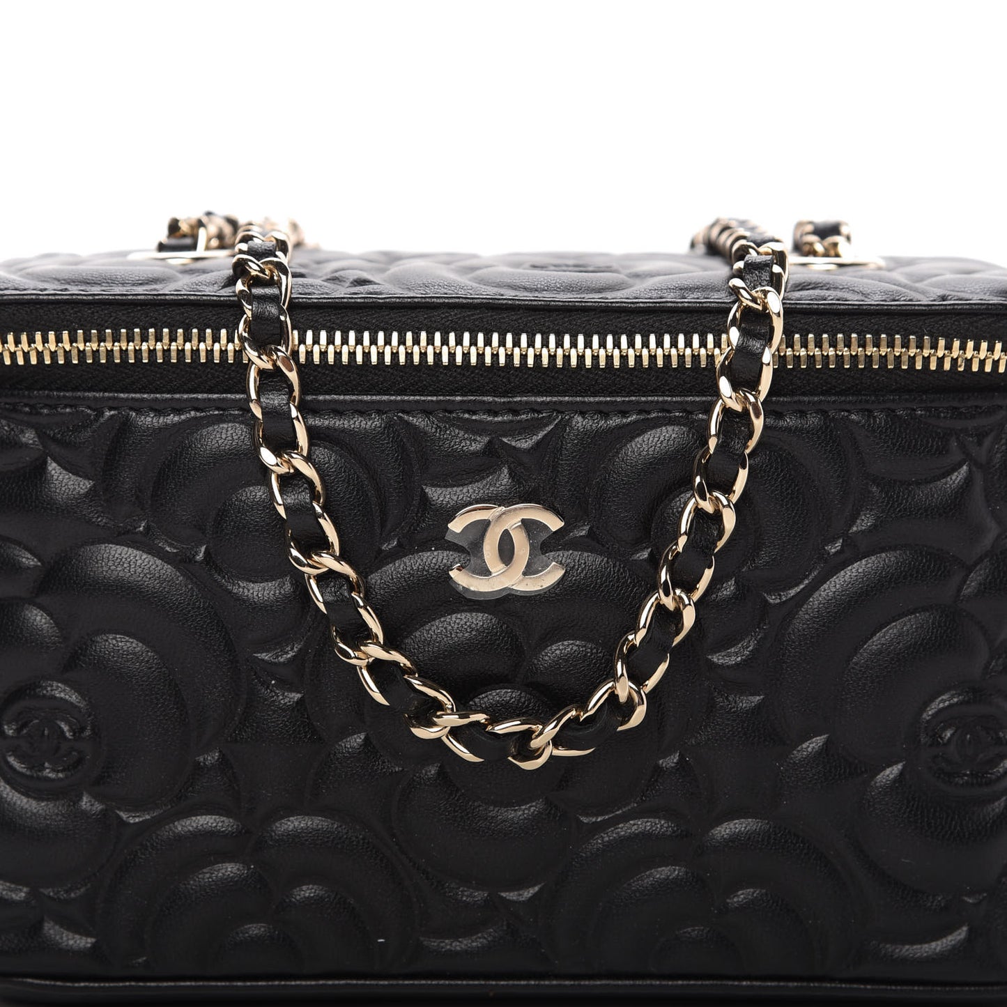 Lambskin Camellia Embossed Small Vanity Case With Chain Black