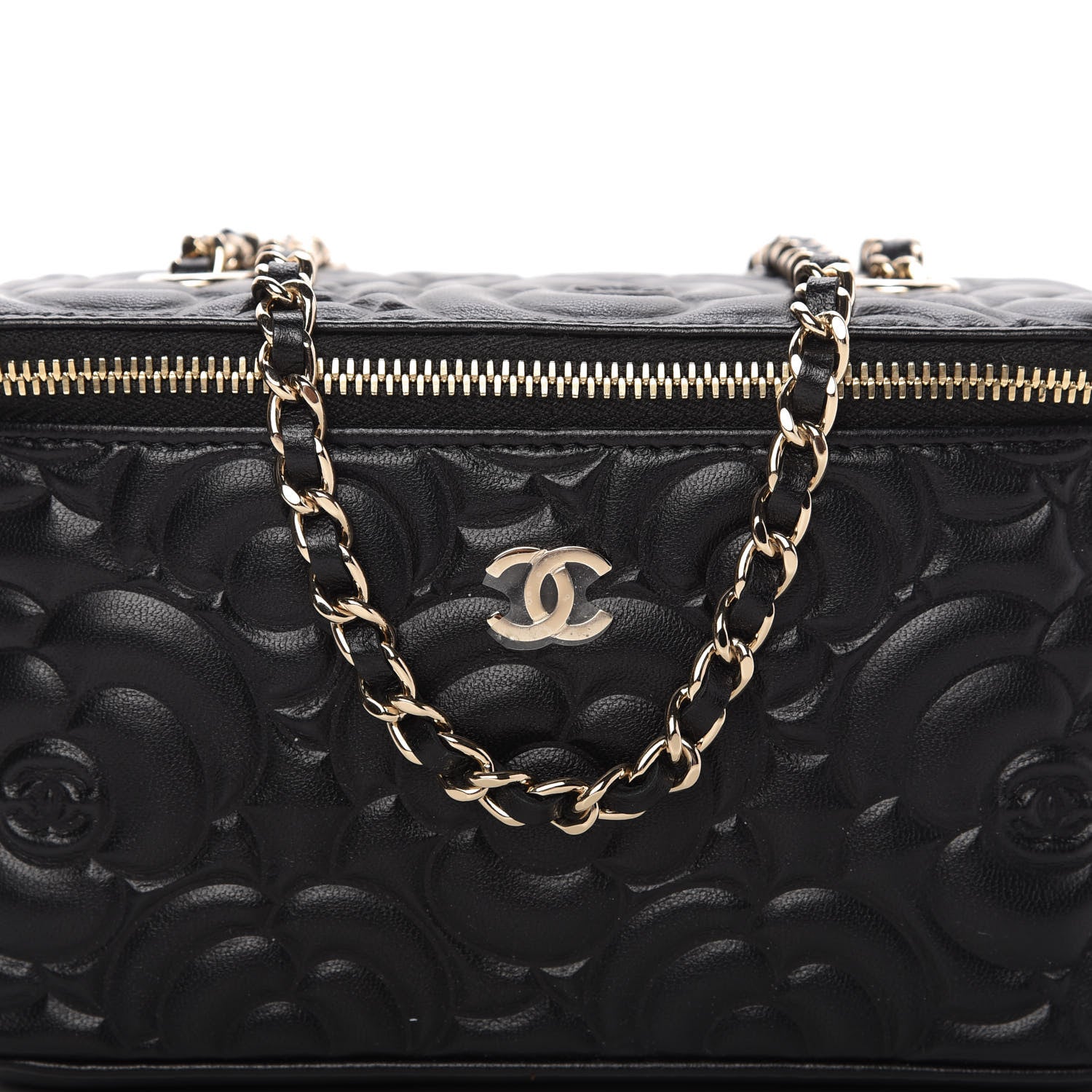 Chanel Lambskin Camellia Embossed Small Vanity Case With Chain Black 10 of 11