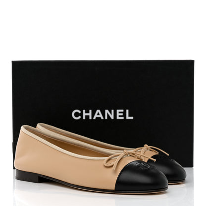 Chanel Lambskin Cap Toe CC Ballerina Flats 38 Beige Black 9 of 9