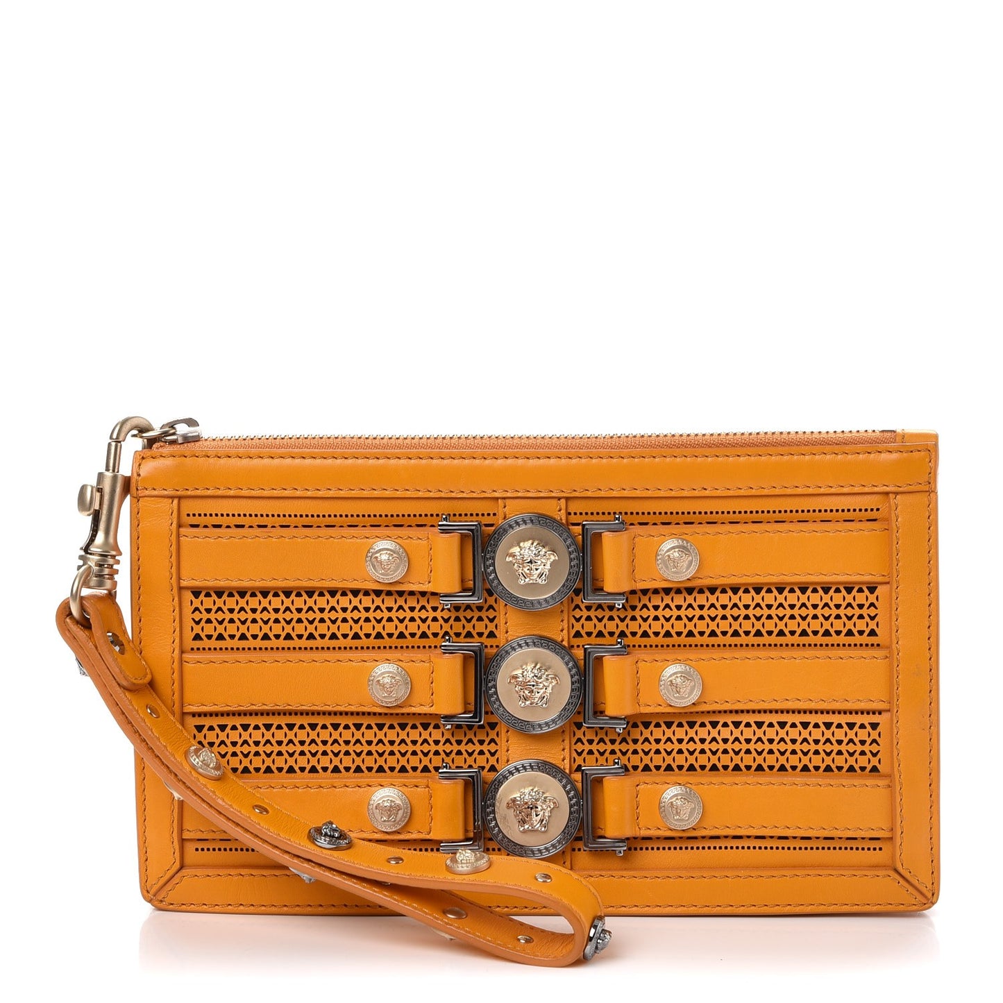 Calfskin Laser Cut Medallion Wristlet Orange