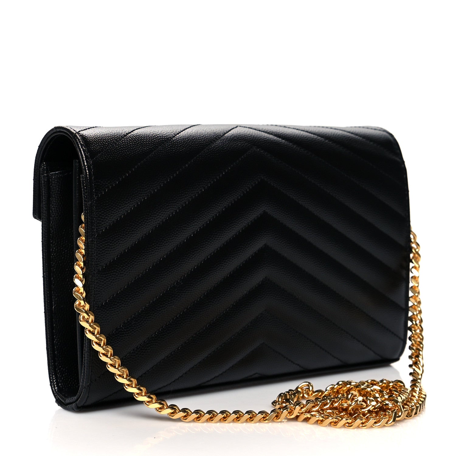 Saint Laurent Grain De Poudre Matelasse Chevron Monogram Chain Wallet Black 3 of 11