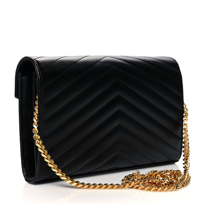 Saint Laurent Grain De Poudre Matelasse Chevron Monogram Chain Wallet Black 3 of 11