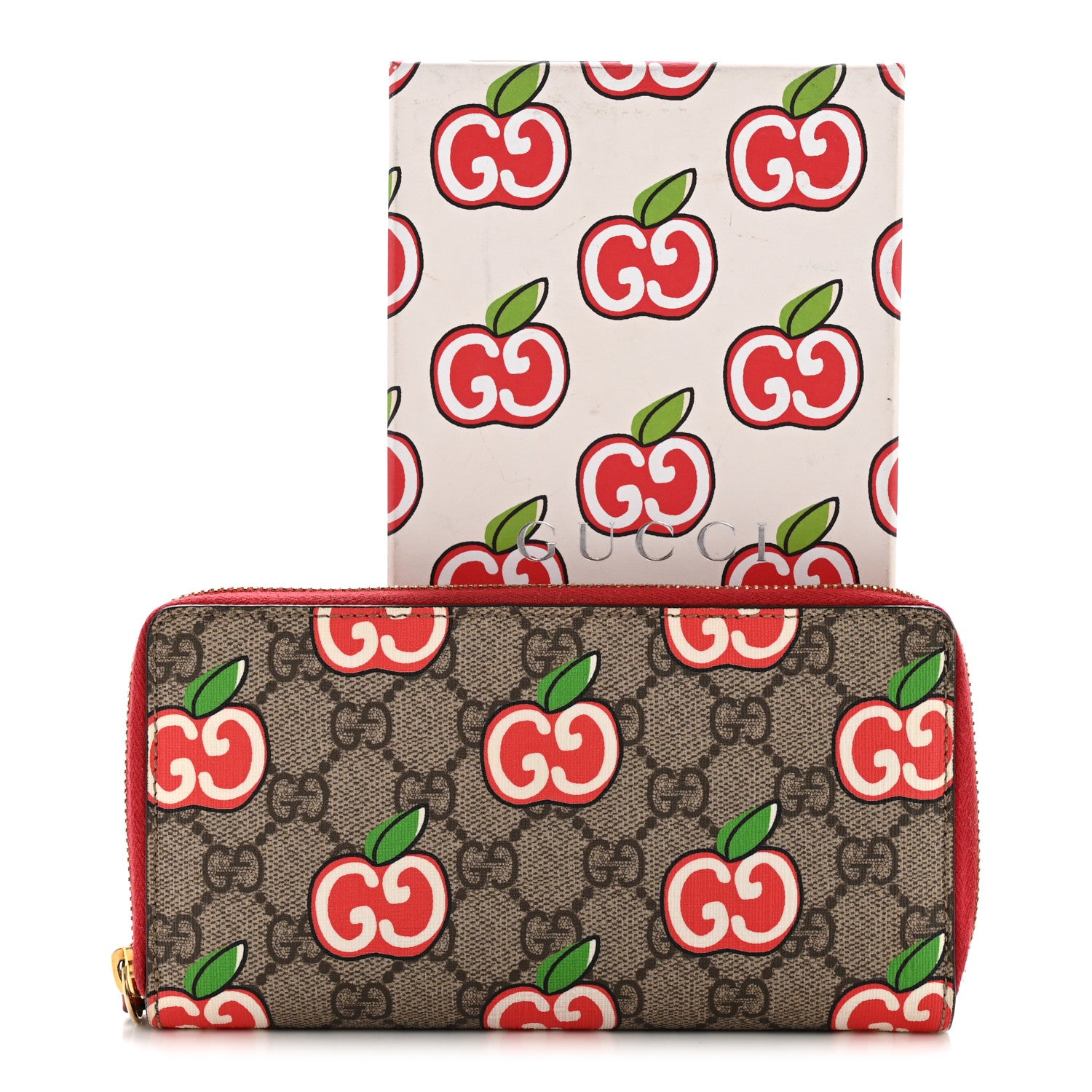 GUCCI アップル　二つ折り財布　レポム　りんご Gucci GG Supreme Monogram Apple Zip Around Wallet Beige Multicolor
