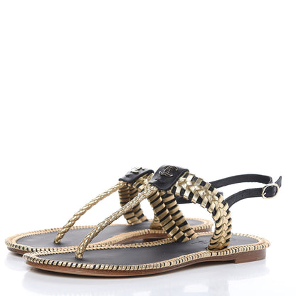 Chanel Metallic Lambskin Calfskin Braided Thong Sandals 38 Black Gold 3 of 8