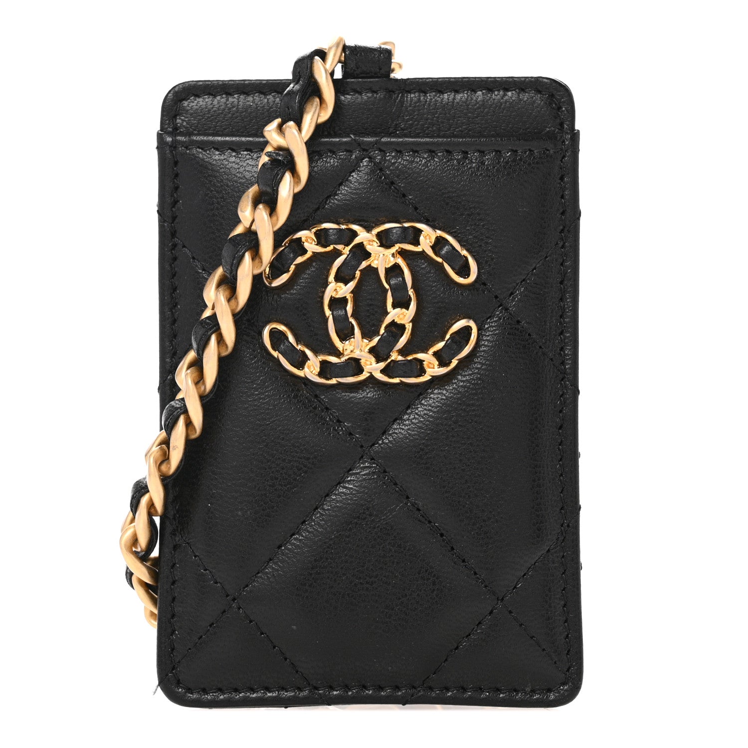 Chanel Shiny Goatskin Quilted Chanel 19 Card Holder On Chain Black 1 of 8