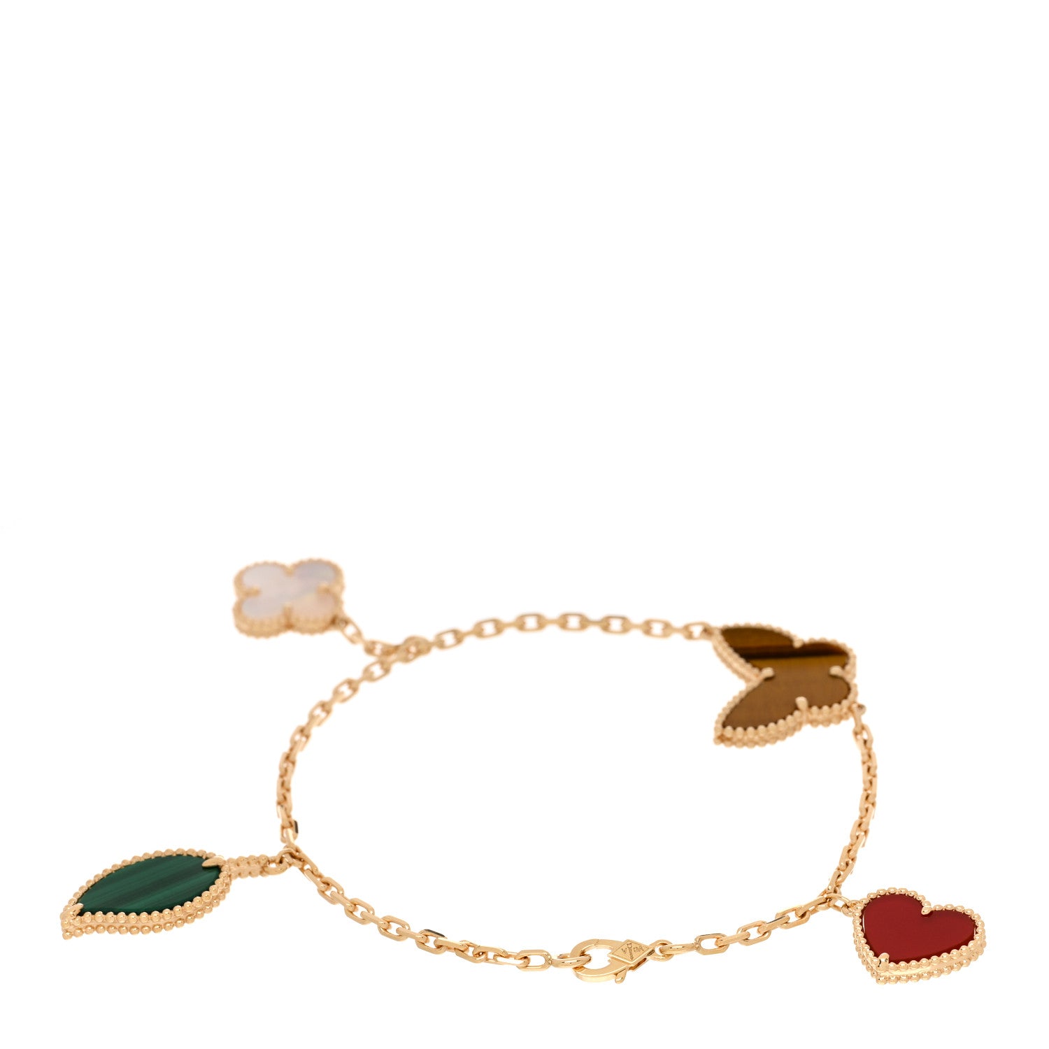 Van Cleef & Arpels 18K Yellow Gold Mother of Pearl Malachite Carnelian Tiger Eye 4 Motifs Lucky Alhambra Bracelet 2 of 4