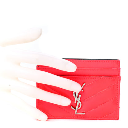 Saint Laurent Grain De Poudre Matelasse Chevron Monogram Credit Card Case Neon Pink 2 of 11