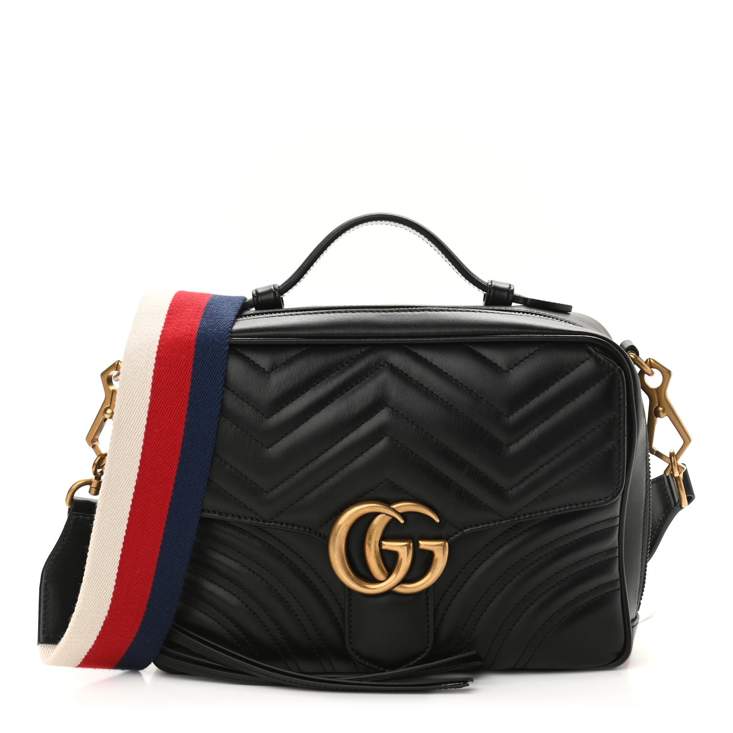 Gucci Calfskin Matelasse Sylvie Web Small GG Marmont Top Handle Shoulder Bag Black 1 of 10