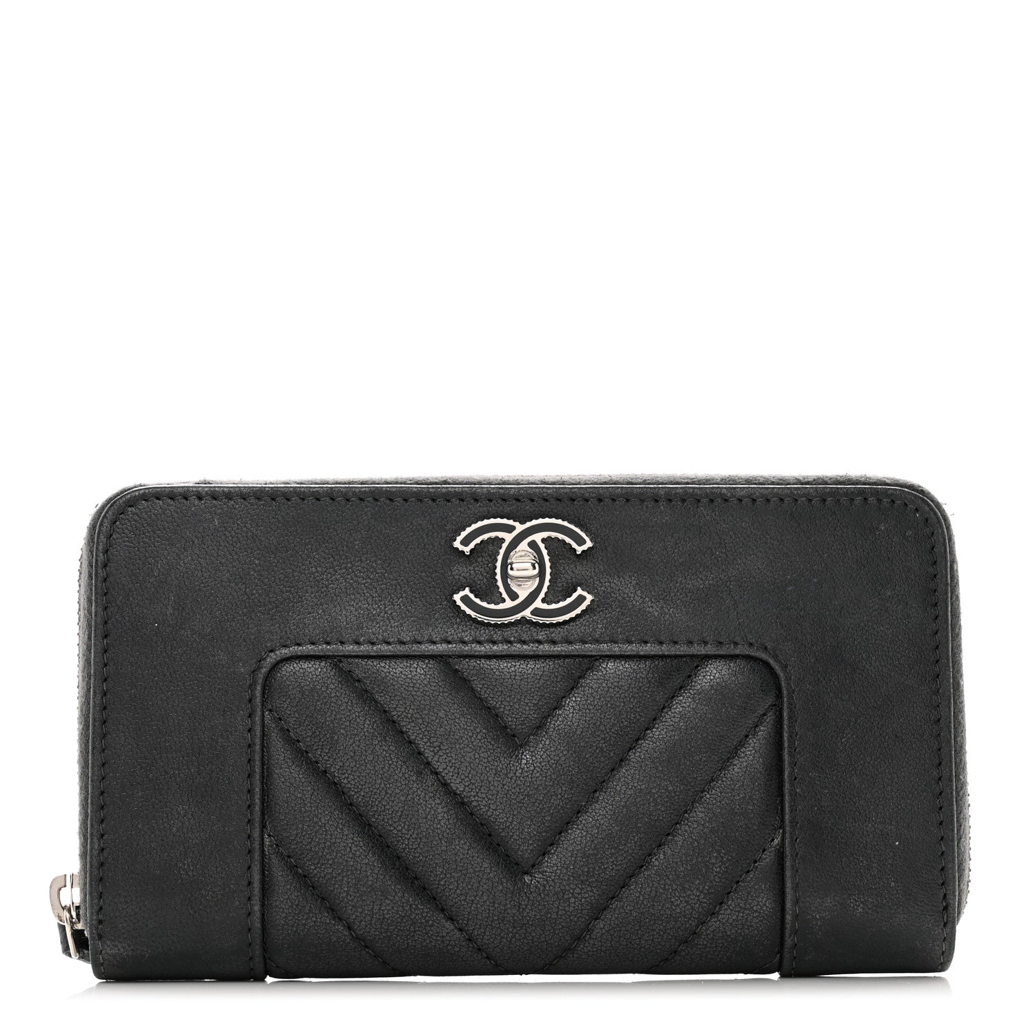 Chanel Sheepskin Chevron Quilted Mademoiselle Vintage Zip Around Wallet Grey 1 of 9
