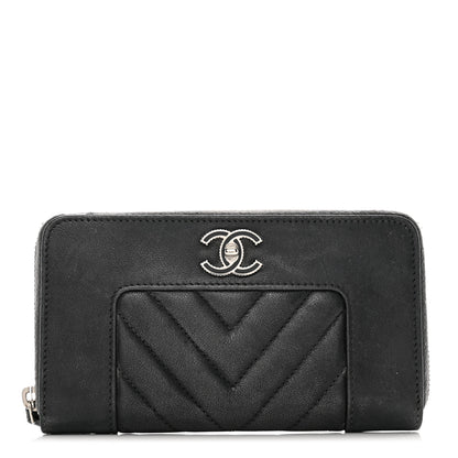 Chanel Sheepskin Chevron Quilted Mademoiselle Vintage Zip Around Wallet Grey 1 of 9