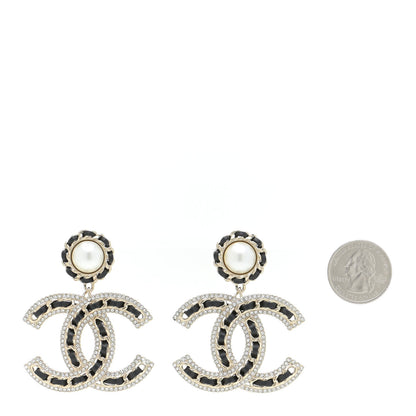 Chanel Pearl Lambskin Crystal Chain CC Drop Earrings Black Gold 2 of 5