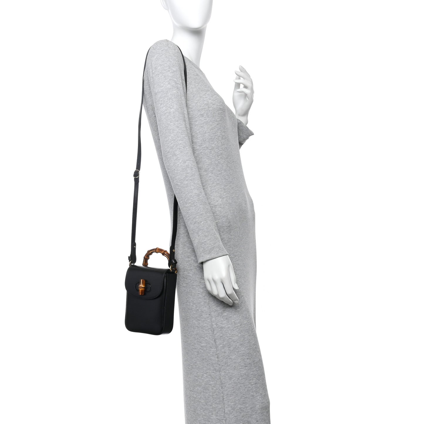 Calfskin Mini Bamboo Top Handle 3 Way Shoulder Bag  Black
