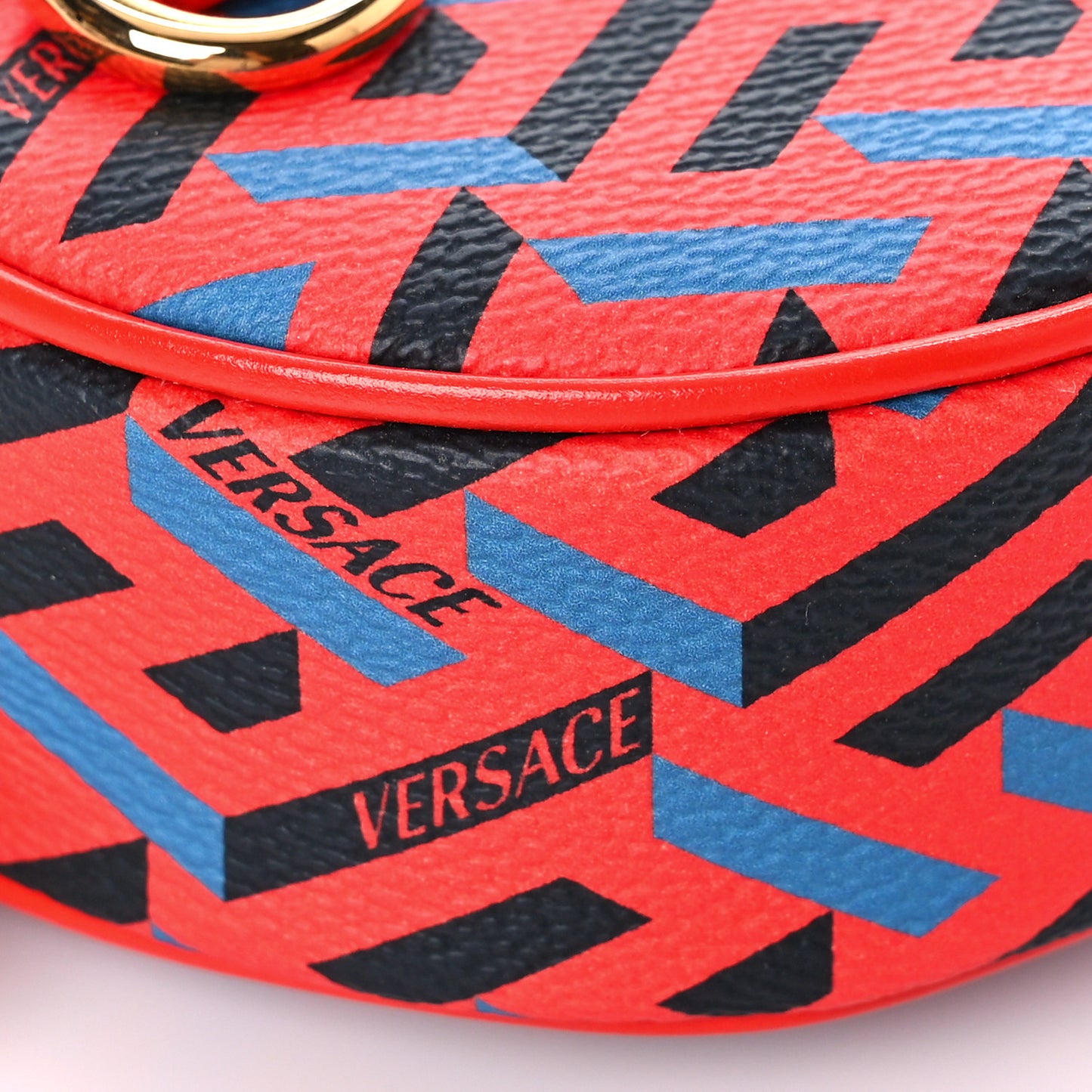 Coated Canvas Calfskin La Greca Round Zip Pouch Blue Red