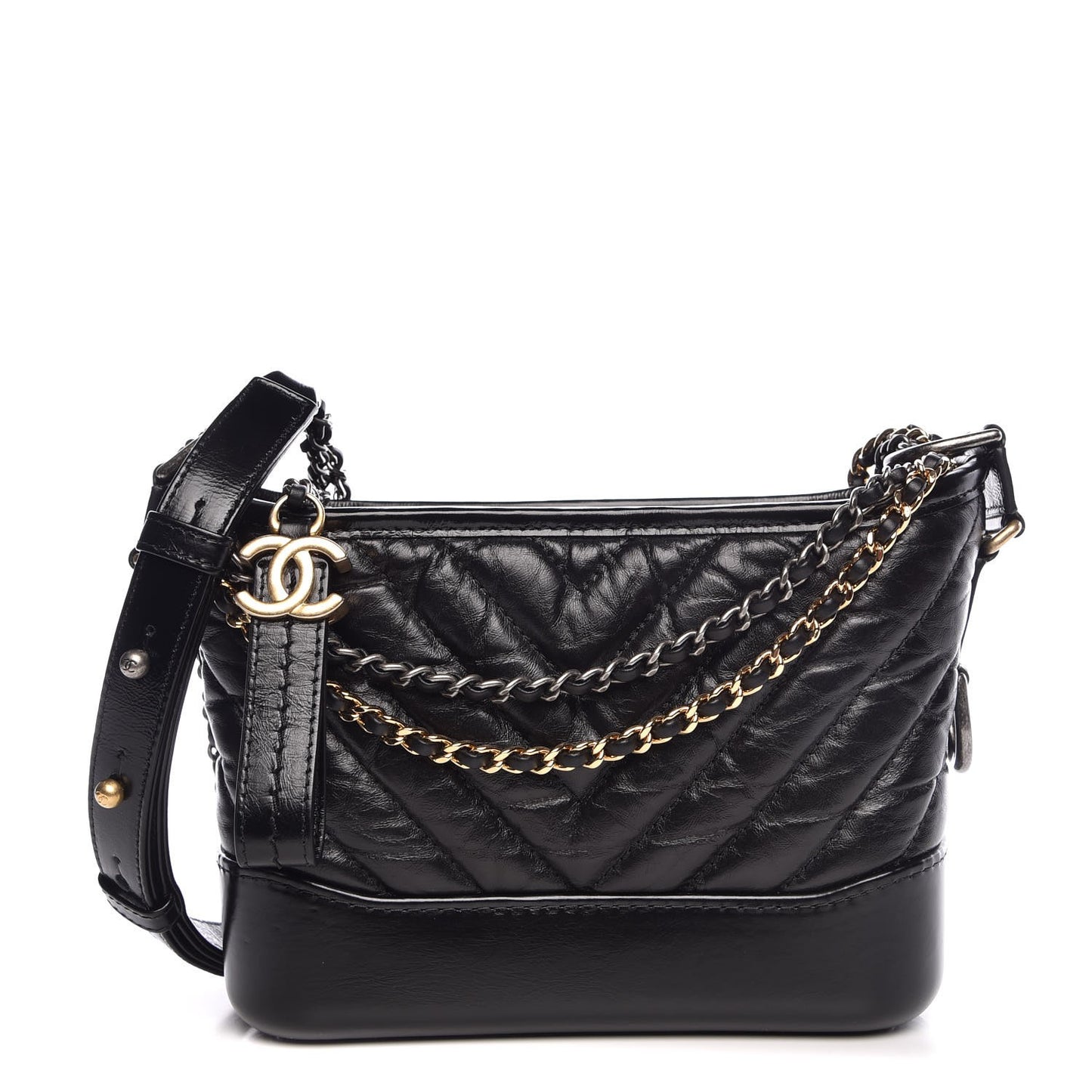 Aged Calfskin Chevron Quilted Small Gabrielle Hobo Black