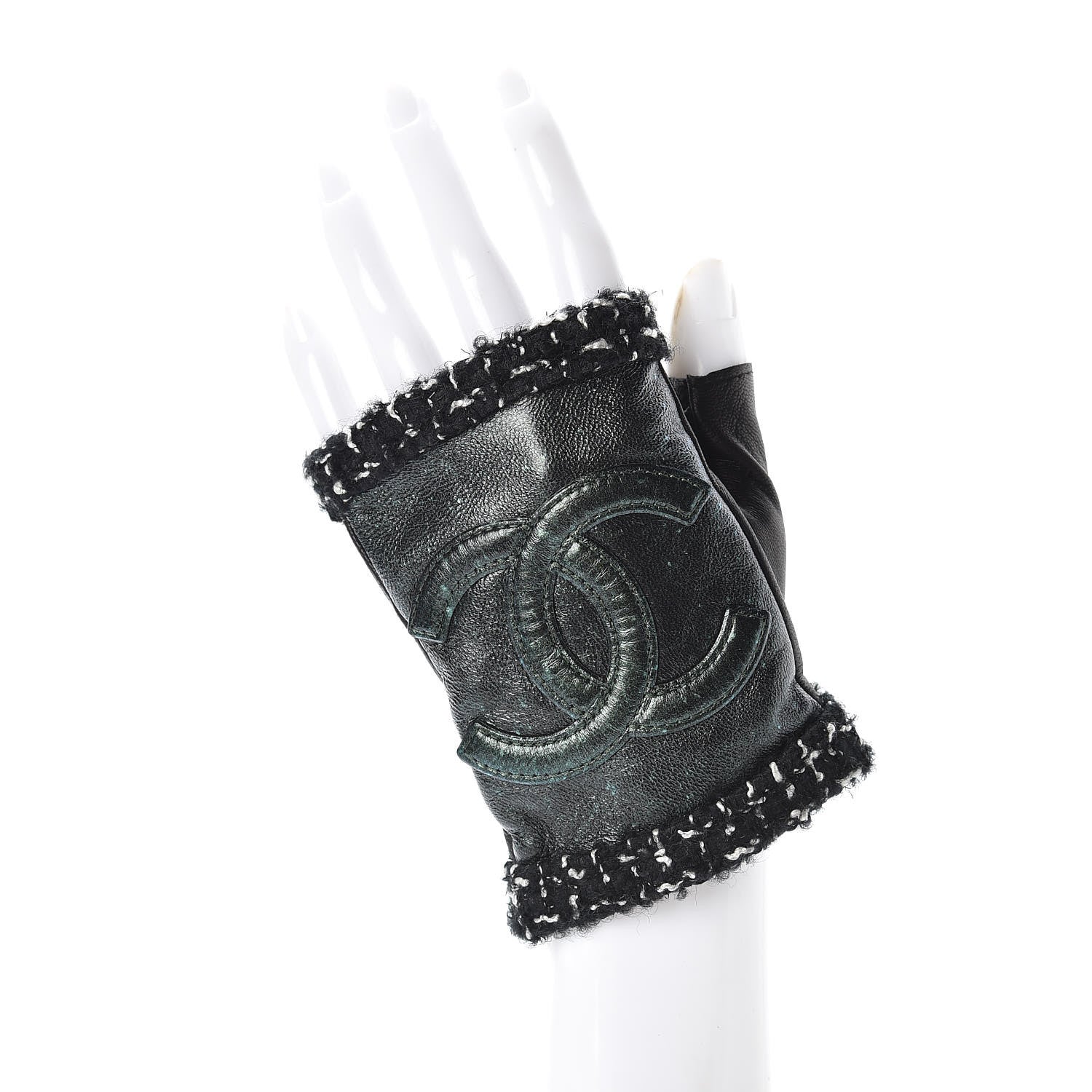 Chanel Metallic Lambskin Tweed CC Fingerless Gloves 6.5 Black Green 2 of 5
