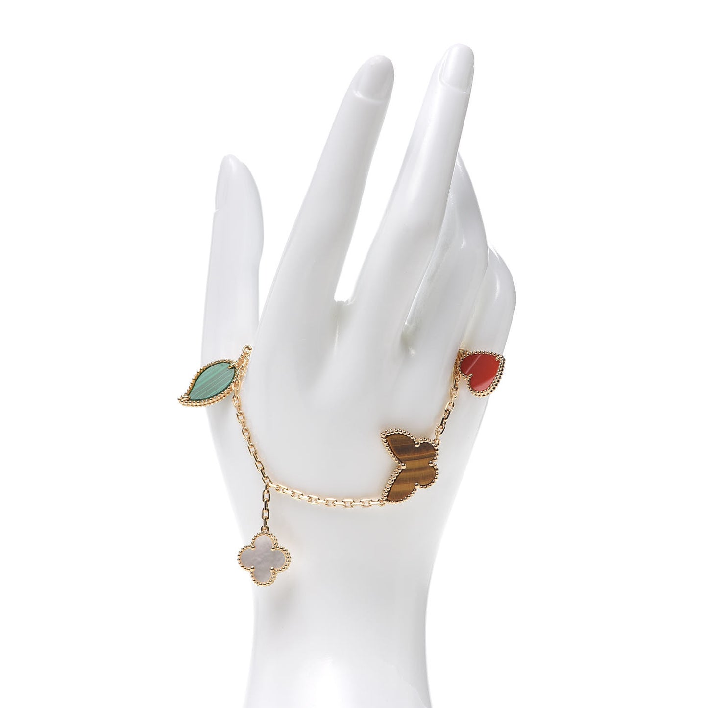 18K Yellow Gold Mother of Pearl Malachite Carnelian Tiger Eye 4 Motifs Lucky Alhambra Bracelet