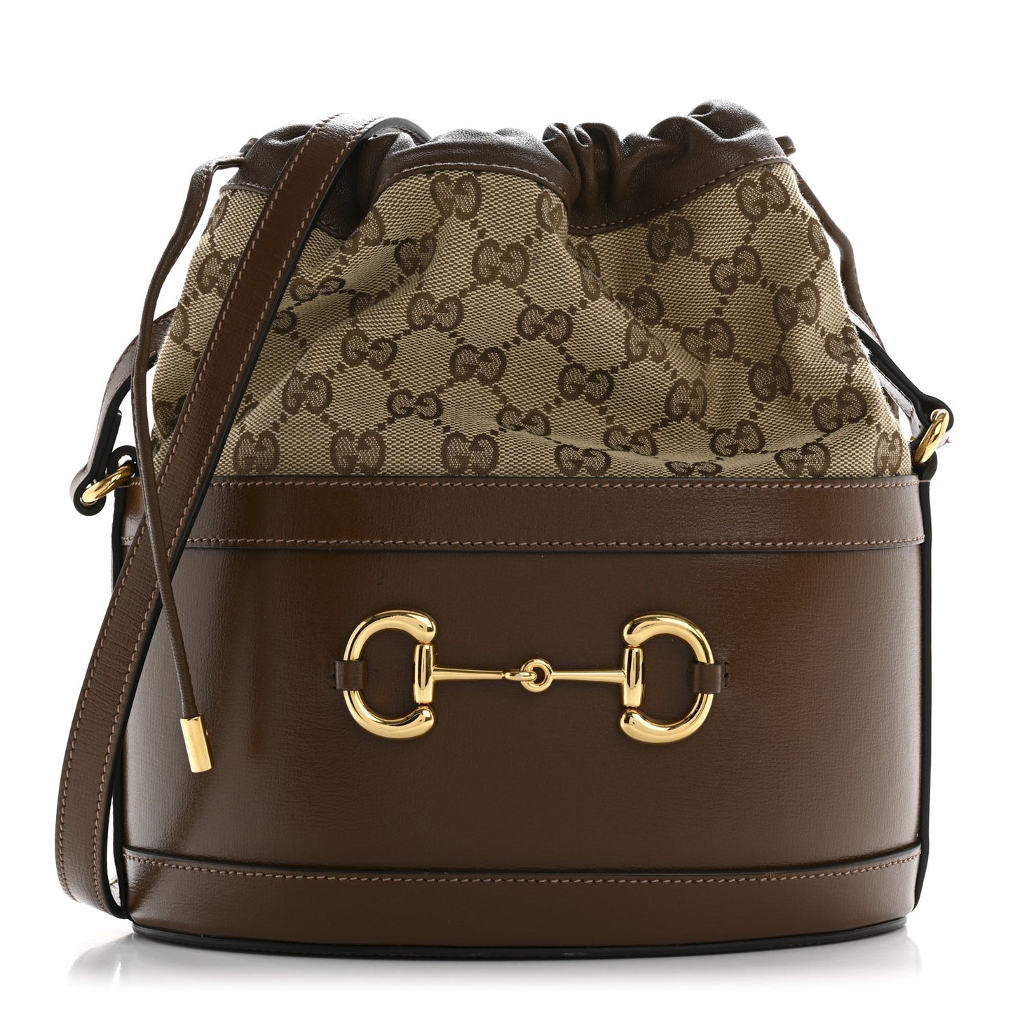 Monogram Textured Calfskin Horsebit 1955 Drawstring Bucket Bag Beige Brown Sugar