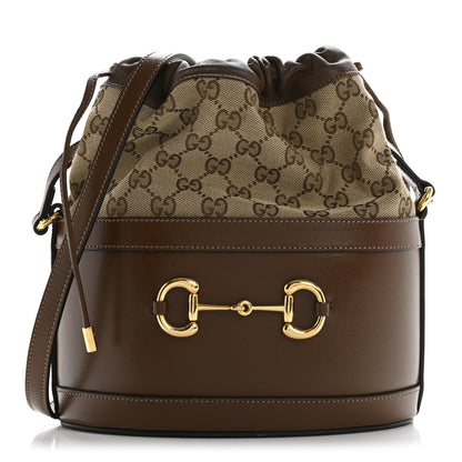 Gucci Monogram Textured Calfskin Horsebit 1955 Drawstring Bucket Bag Beige Brown Sugar 1 of 14
