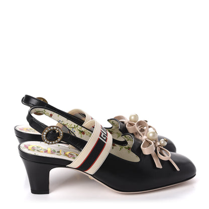 Gucci Malaga Kid Bow Ace Stripe Mid Heel Slingback Pumps 36.5 Black 4 of 11