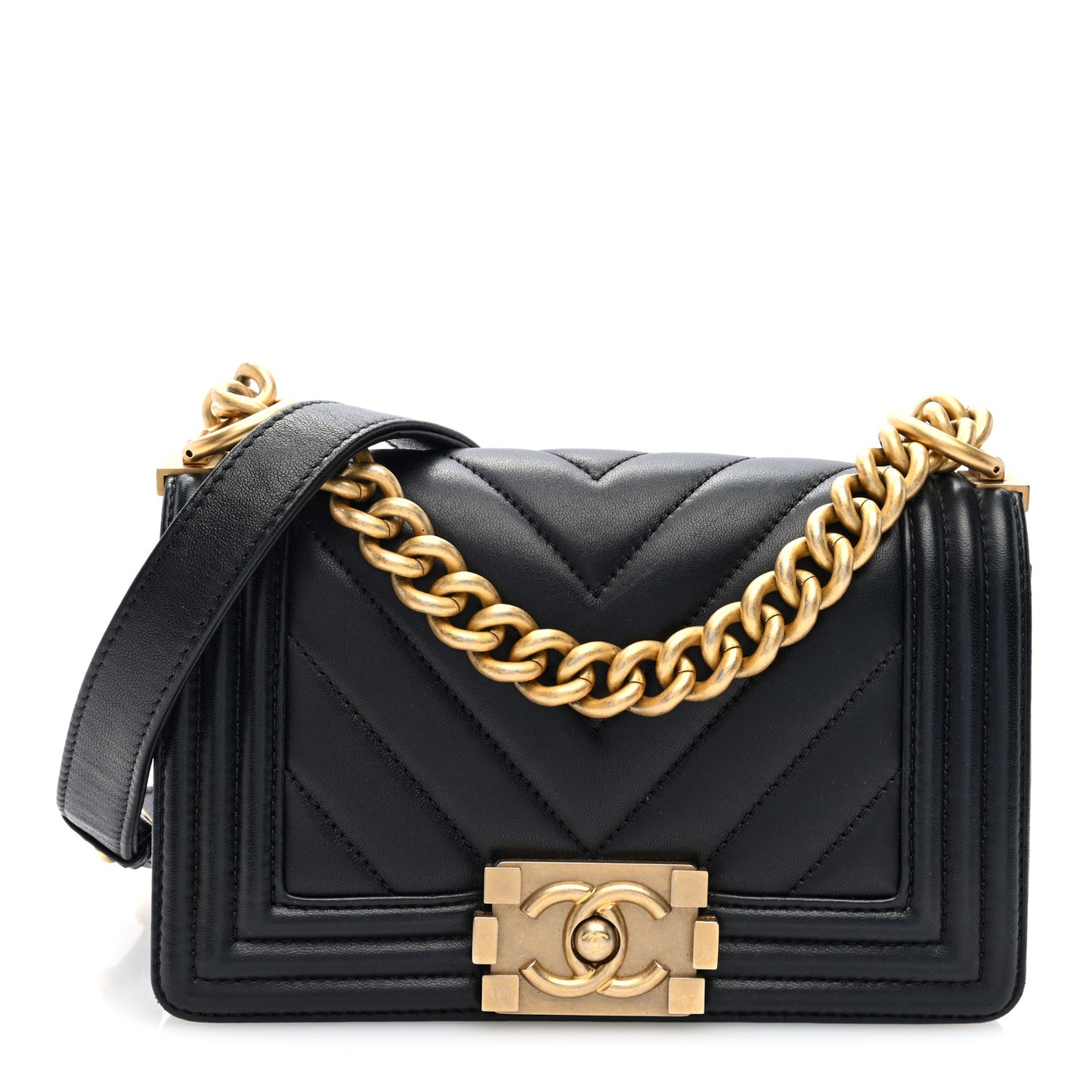 Lambskin Chevron Quilted Small Boy Flap Black